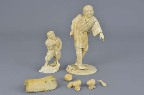 A Japanese ivory Okimono figure together with one sectional figure and pieces. 16Cm and 9cm tall