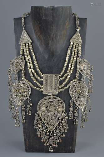 Middle Eastern White Metal Necklace with Five Graduating Panels with Hanging Ball Drops, 38cms long