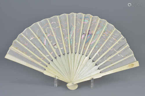 Early 19th century Chinese Hand Held Fan with Ivory Sticks and Fabric Leaves embroidered with a Chin