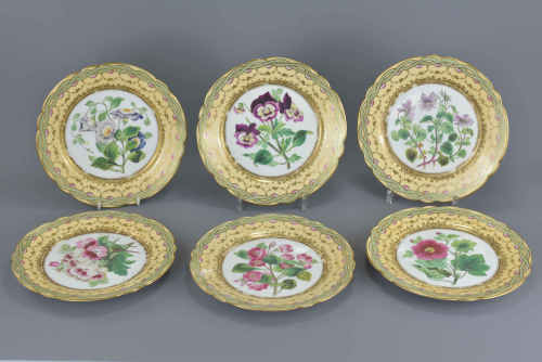 Set of Six 19th century Porcelain Plates, each hand painted with a different flower design,