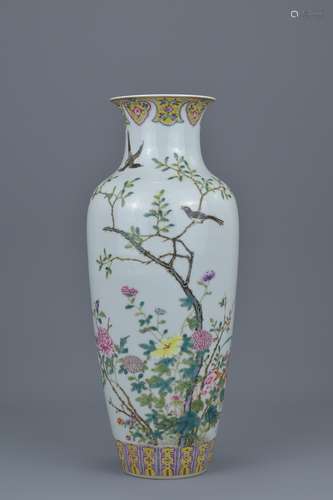 A Chinese 19th Century famille rose porcelain vase decorated with birds in trees with six character