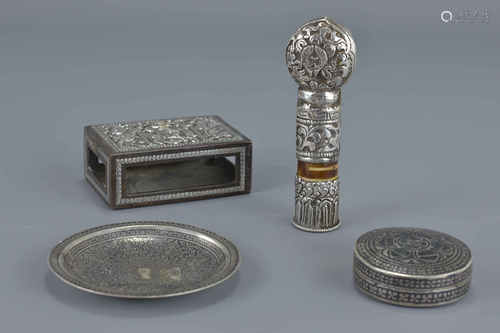 Tibetan White Metal Mounted Seal (10cms high), Indian White Metal Matchbox Holder and a Silver Inlai