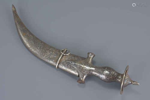 Early 20th century Indian Curved Bladed Dagger / Knife with Silver Inlaid Hilt and Sheath, 35cms lon