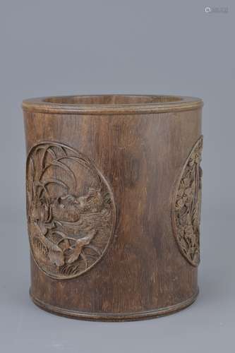 Chinese Zitan Wood Brush Pot with Three Carved Panels depicting Water Birds, 15cms