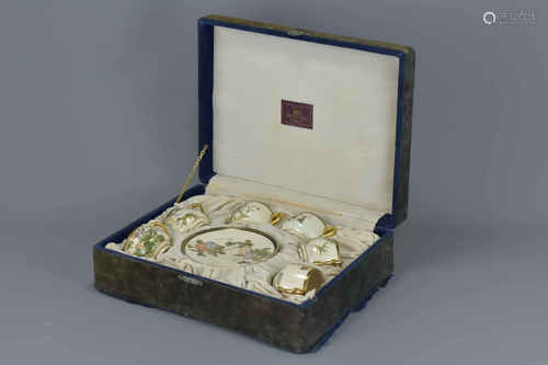 Japanese Satsuma Six Coffee Cups and Saucers contained within a fitted case marked ' Komor & Komor,