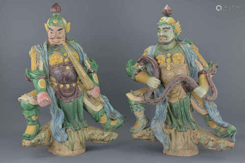 Two large Chinese sancai glazed pottery roof-tile Gods of Heaven figures. 44cm x 60cm approx.