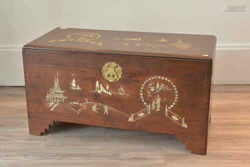 A large early 20th century Chinese camphor wood chest with mother of pearl inlay decoration. 93cm x