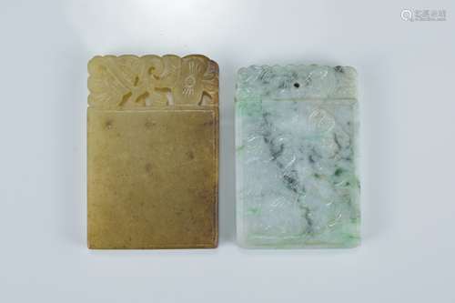 Two Chinese jade and jadeite pendants. One depicting Immortal and deer with inscription to reverse.