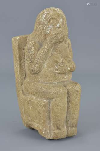 Middle Eastern Stone Carving of a Man sat in a Chair covering his mouth, 17.5cms tall