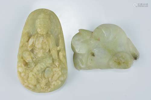 A Chinese celadon jade carving together with a jade pendant carved with figure of Guanyin. Chip to c