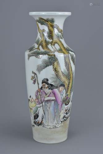 A Chinese Republican period famille rose porcelain vase painted with scholar and children with inscr