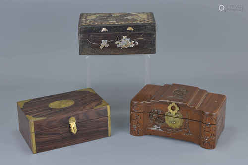 Three Chinese Jewellery Boxes including Rosewood and Brass Mounted Box (18cms long), Camphor wood Bo