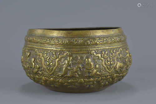 Burmese Metal Bowl with repousse decoration depicting figures and animals, 21.5cms