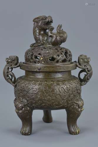 19th century Chinese Bronze Incense Burner with Lion Finial to Cover, six character mark of Xuande,