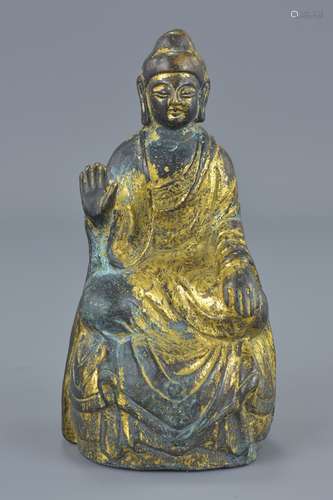 Chinese Bronze Seated Buddha with Bronze Gilding, 13cms high