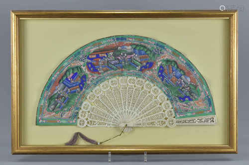 A 19th century framed export Chinese / Cantonese bovine bone paper fan painted with figures in court