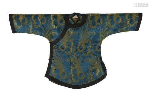 A Chinese 20th century turquoise and gold colour silk Women's jacket with fern decoration.