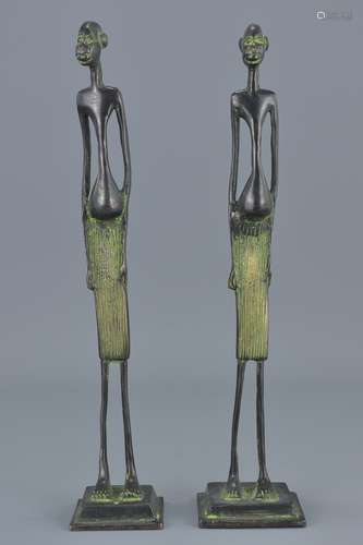 Pair of Vintage African Tribal Bronze Tall Slender Figures on Stands, 30cms high