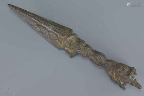 Tibetan Buddhist Bronze Ritual Phurba or Kilaya Dagger, 28cms long