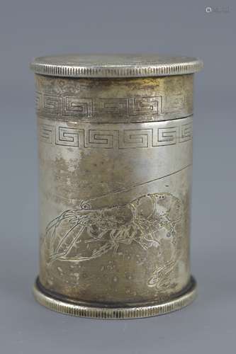 White Metal Lidded Container set to ends with Republic of China Coins , 6cms high