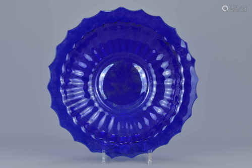 A large Chinese 19th century blue coloured Peking glass dish with lobed sides. Approx. 33cm diameter