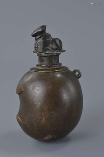 19th century Eastern Bronze Powder Flask with Sheep Finial, 10cms