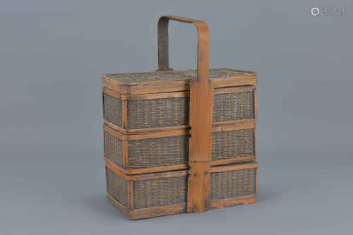 Japanese Bamboo and Wicker Three Section Stacking Picnic / Tiffin Box, 27cms high
