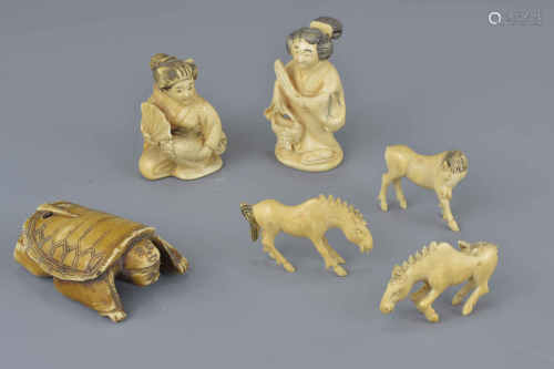 Two Japanese Ivory Netsukes in the form of Geishas, another Netsuke, Ivory Ornately Carved Box with