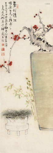 江寒汀(1903-1963)姚虞琴(1867-1961)案头清供 1945年作 设色纸本 立轴