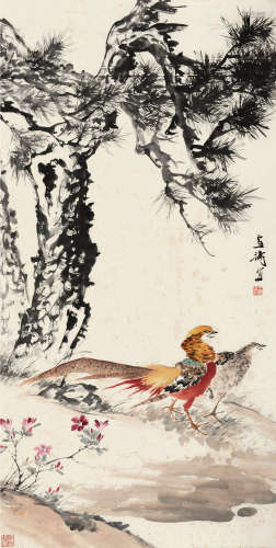 王雪涛(1903-1982)锦鸡松树 设色纸本 托纸