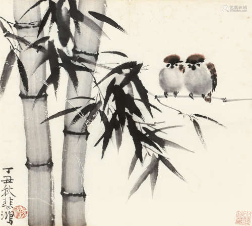 徐悲鸿(1895-1953)墨竹双雀 1937年作 设色纸本 镜框