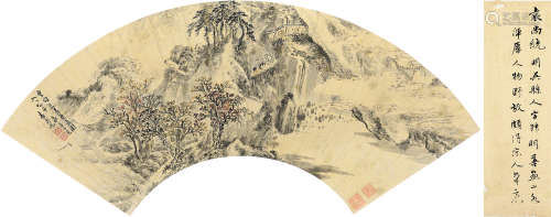 袁尚统(1570-1661)春山郊游 1632年作 设色泥金纸本 扇面