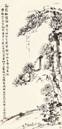 刘海粟(1896-1994)孙孟录(近现代)松菊图 水墨纸本 立轴