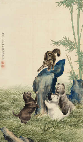 陈缘督(1902-1967)竹林清趣 1926年作 设色绢本 立轴