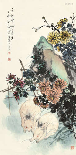 金寿石(1885-1928)篱园秋意 1925年作 设色纸本 镜片