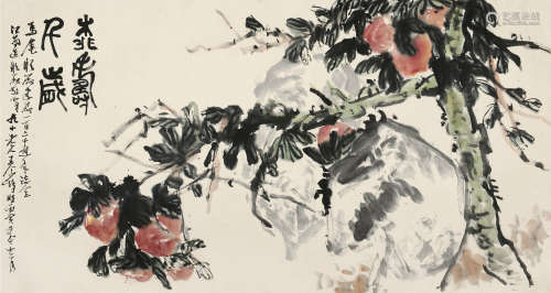 王个簃(1897-1988)桃寿千岁 1986年作 设色纸本 镜片