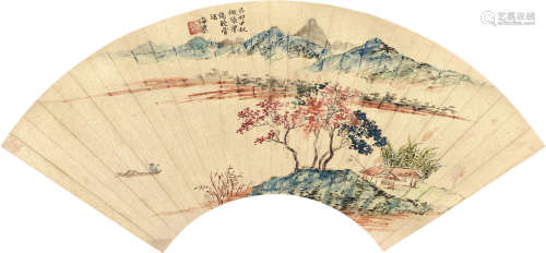 刘海粟(1896-1994)秋江帆影 1939年作 设色洒金纸本 扇面