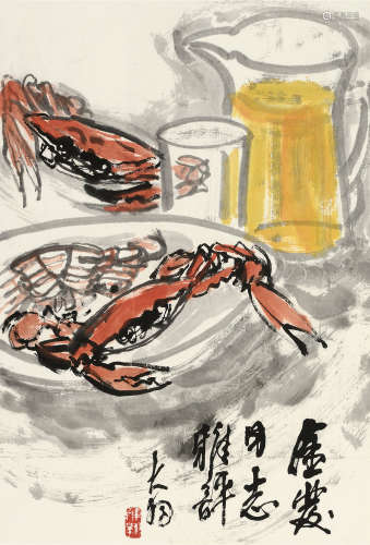 陈大羽(1912-2001)蟹肥酒美图 设色纸本 立轴