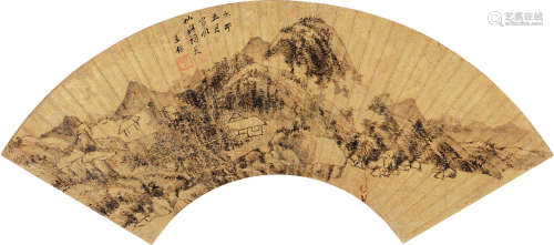 王鉴(1598-1677)山水 水墨红金纸本 扇面