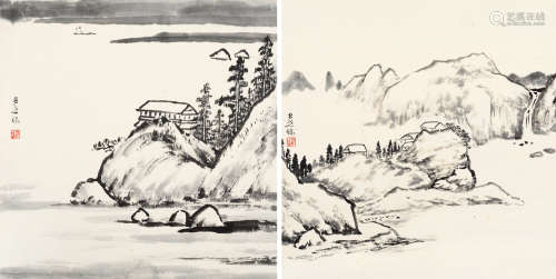 承名世(1918-2001)山水两帧 水墨纸本 镜片