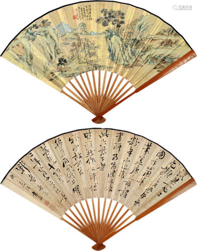 董诰(1740-1818)韦光黻(清)茅庵读书/草书 设色泥金纸本 成扇