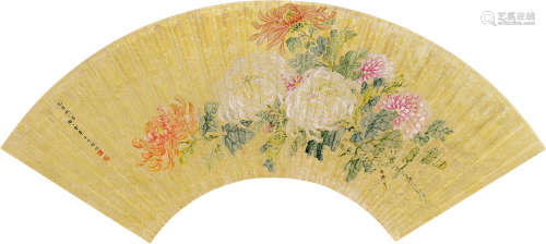 金章(1884-1939)菊花 设色泥金纸本 扇面