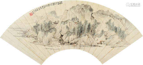 承名世(1918-2001)浮玉山居图 设色纸本 扇面