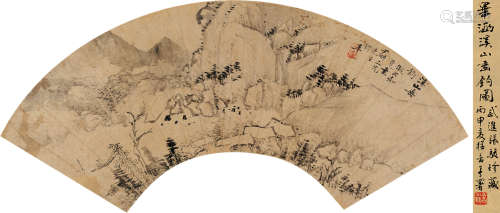 毕涵(1732-1807)溪山垂钓 设色纸本 扇面