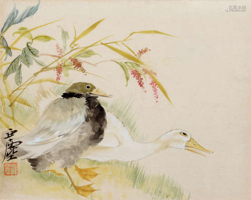 汪亚尘(1894-1983)双鸭图 设色纸本 镜框