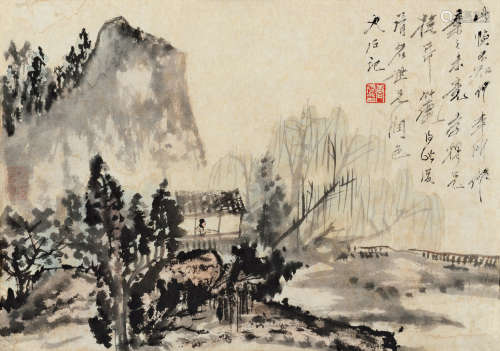 承名世(1918-2001）唐云(1910-1993)山水 设色纸本 纸片