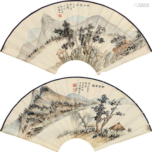 张宗祥(1882-1965)秋山行旅·柳荫垂纶 1949年作 设色纸本 无骨成扇