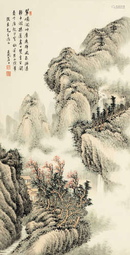 张石园(1898-1959)秋山诗话 设色纸本 立轴