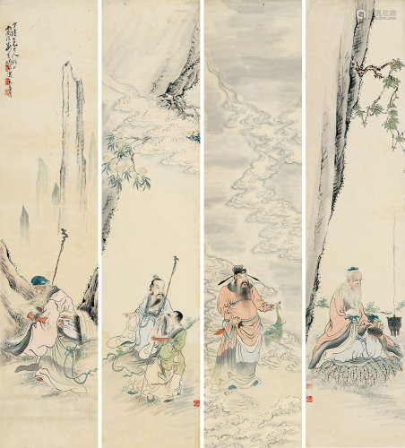 黄山寿(1855-1919)人物四屏 设色纸本 屏轴