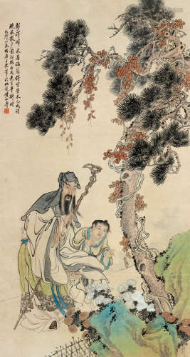 黄山寿(1855-1919)赏菊 1915年作 设色纸本 立轴